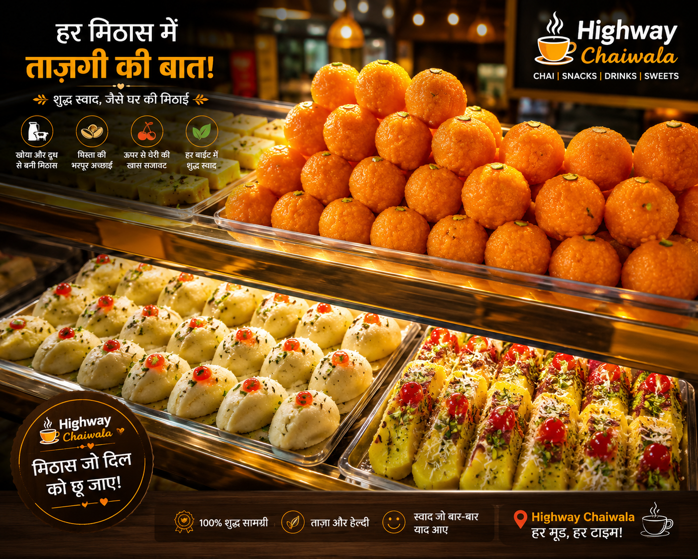 Highway Chaiwala sweets counter — laddu aur mithai